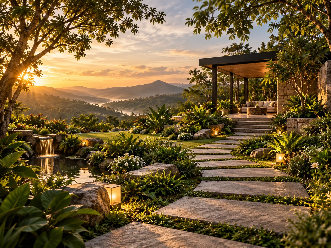A premium garden pavilion surrounded by a mature landscape